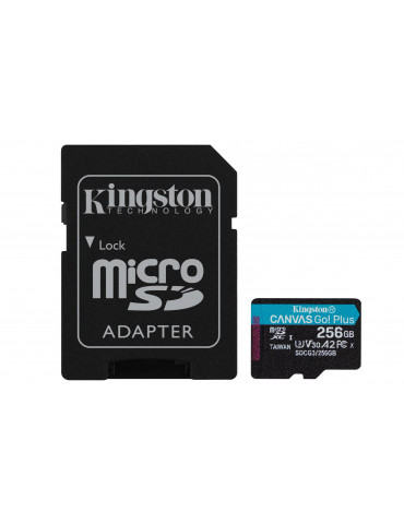 Карта памет Kingston 256GB Canvas Go! Plus, UHS-I, Class 10, U3, V30, A2, Адаптер - SDCG3/256GB