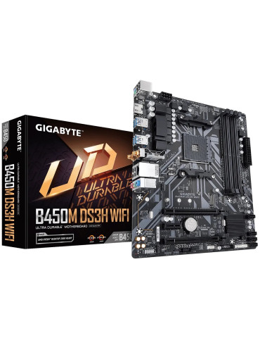 Дънна платка Gigabyte B450M DS3H WIFI, AM4, DDR4, M.2, Wi-Fi AC, Bluetooth, mATX