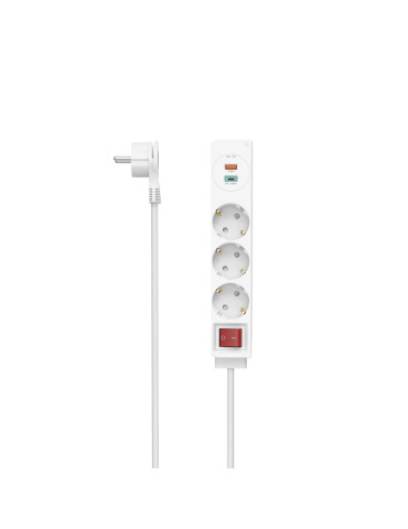 Разклонител HAMA USB-C/USB-A 3.4A, 3 гнезда, 2x USB, PD/Quick charge, макс 18W, 1.4м, 3680W, бял - 223185