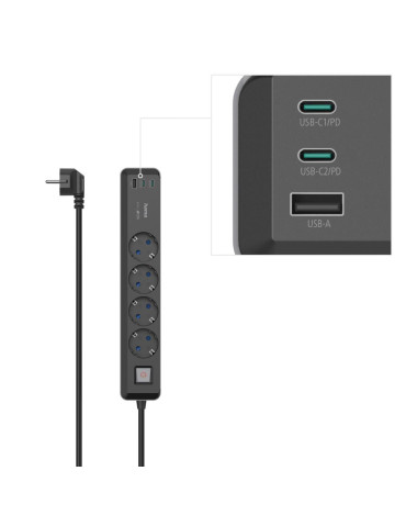 Разклонител Hama, 4-гнезда, USB-C/A 65 W, PD, ключ on/off, 1, 4 м, черен/сив - 223189