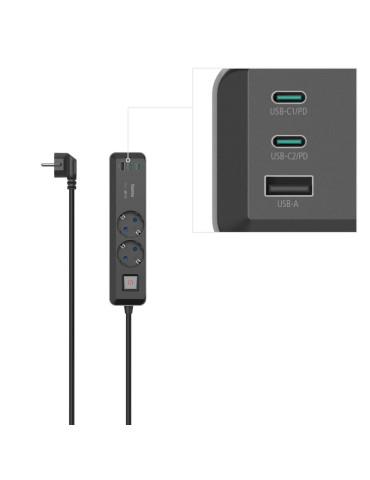 Разклонител Hama, 2-гнезда, USB-C/A 65 W, PD, ключ on/off, 1.4 m, черен/сив - 223188