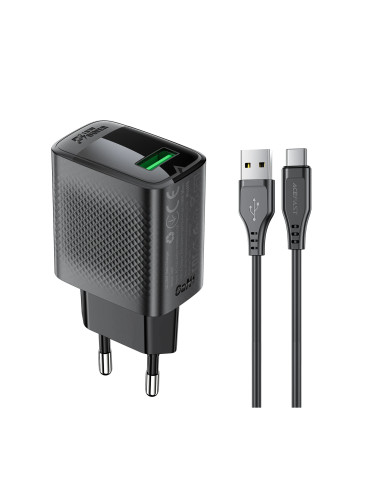 Универсално зарядно за стена Acefast Charger Wall GaN Quick Charge 18W - A90 with 1.2m cable - USB-A x 1, Black - ACEFAST-A90-BK-SET