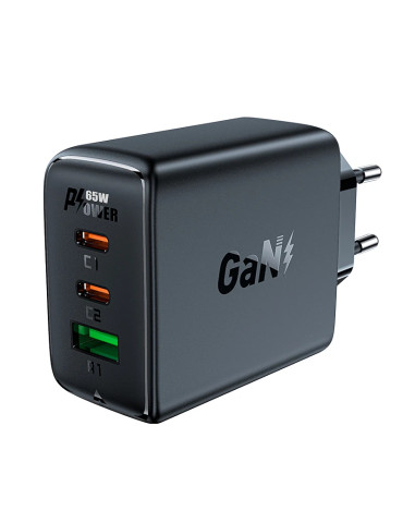 Универсално зарядно за стена Acefast Charger Wall GaN PD65W - A41 - USB-C x 2, USB-A x 1, Black - ACEFAST-A41-BK