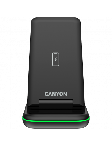 Безжично зарядно Canyon WS- 304 Foldable 3in1 Wireless charger, Type c to USB-A cable length 1.2m,  Black - CNS-WCS304B