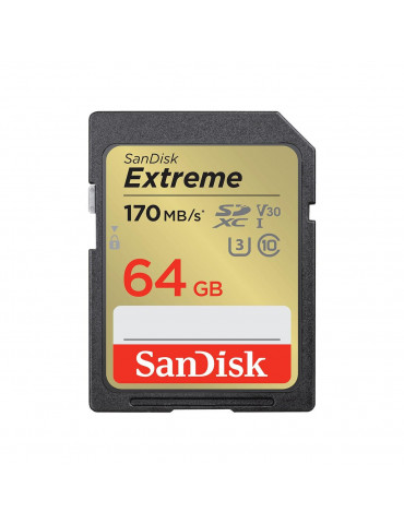 SD карта SanDisk 64GB Extreme SDXC, UHS-1,Class 10, U3, V30, 80 MB/s - SDSDXV2-064G-GNCIN