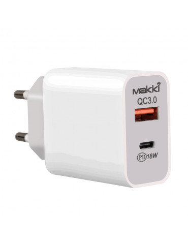 Зарядно за стенаMakki Fast Charger Wall - QC3.0   Power Distribution Type-C 18W White - MAKKI-PQ18W-WH