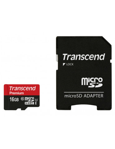 SD карта Transcend 16GB micro SDHC UHS-I Premium, Class 10, с адаптер - TS16GUSDU1