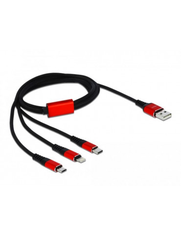 Кабел за зареждане Delock  3 в 1, USB - Lightning/ Micro USB/ USB-C, 1м, Черен/Червен