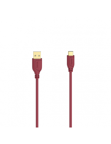 Кабел Hama Flexi-Slim USB-C - USB-A 2.0 мъжко, 0.75м,тънък, позлатен, червен