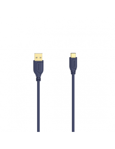 Кабел Hama Flexi-Slim USB-C - USB-A 2.0 мъжко, 0.75м,тънък, позлатен, син