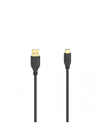 Кабел Hama Flexi-Slim USB-C - USB-A 2.0 мъжко, 0.75м,тънък, позлатен, черен